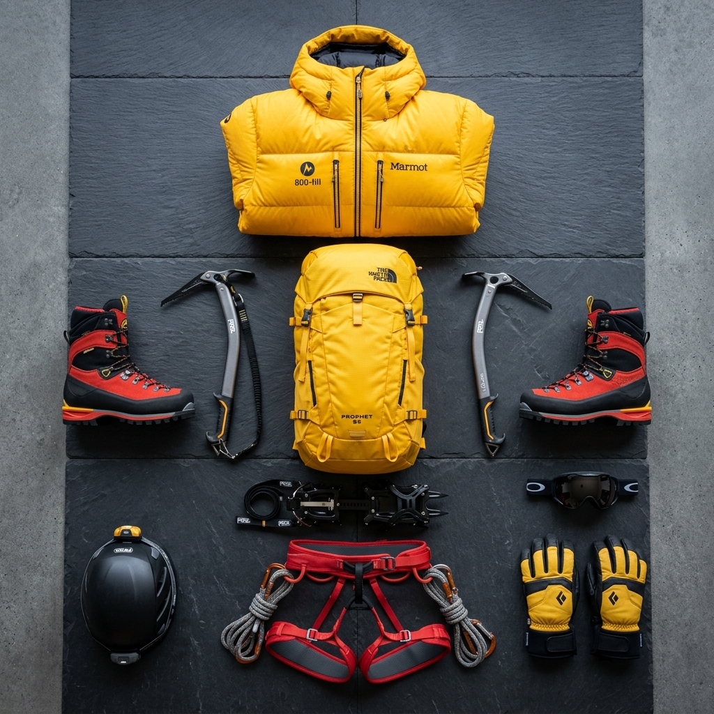 Luxury High-Altitude Climbing Gear flat lay